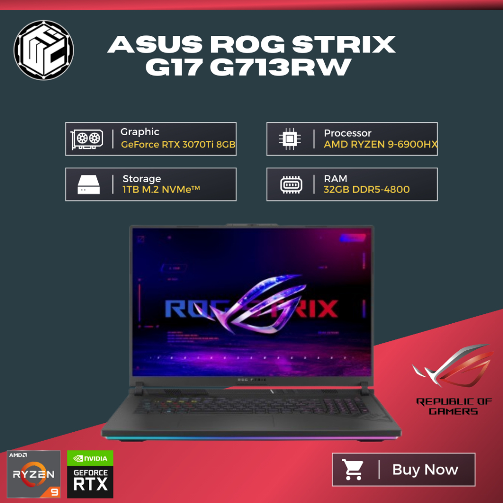 Laptop Gaming Asus ROG STRIX G17 G713RW RYZEN 9-6900HX/ 32GB/ 1TB/ RTX3070Ti 6GB/ OHS W11