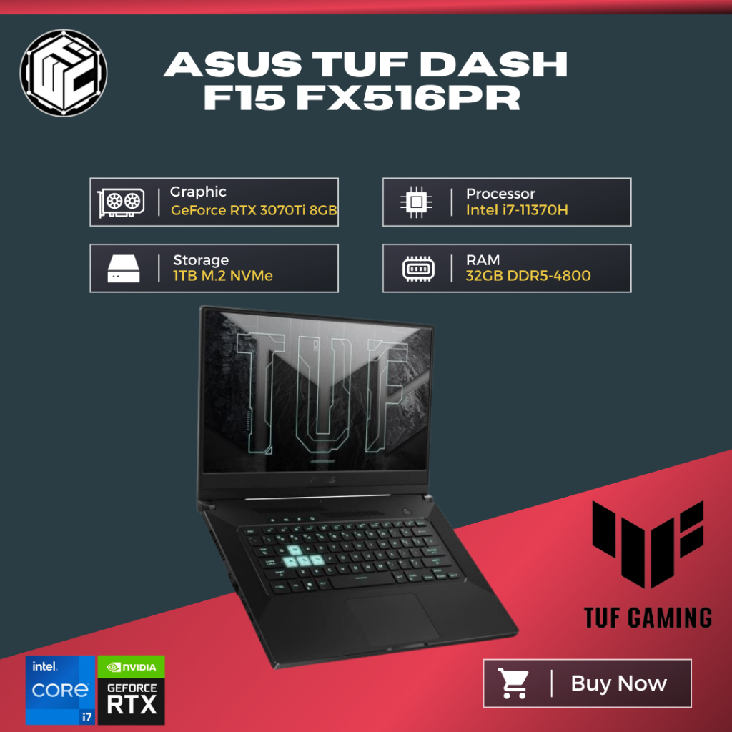 Laptop Gaming Asus Tuf Dash F15 FX516PR i7-11370H/ 16GB/ 1TB/ RTX3070 8GB/ OHS 2021 + W11