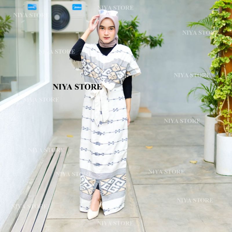 NIYA TENUN || Dress Wanita Tenun Etnik Tradisional Dress Putih Motif