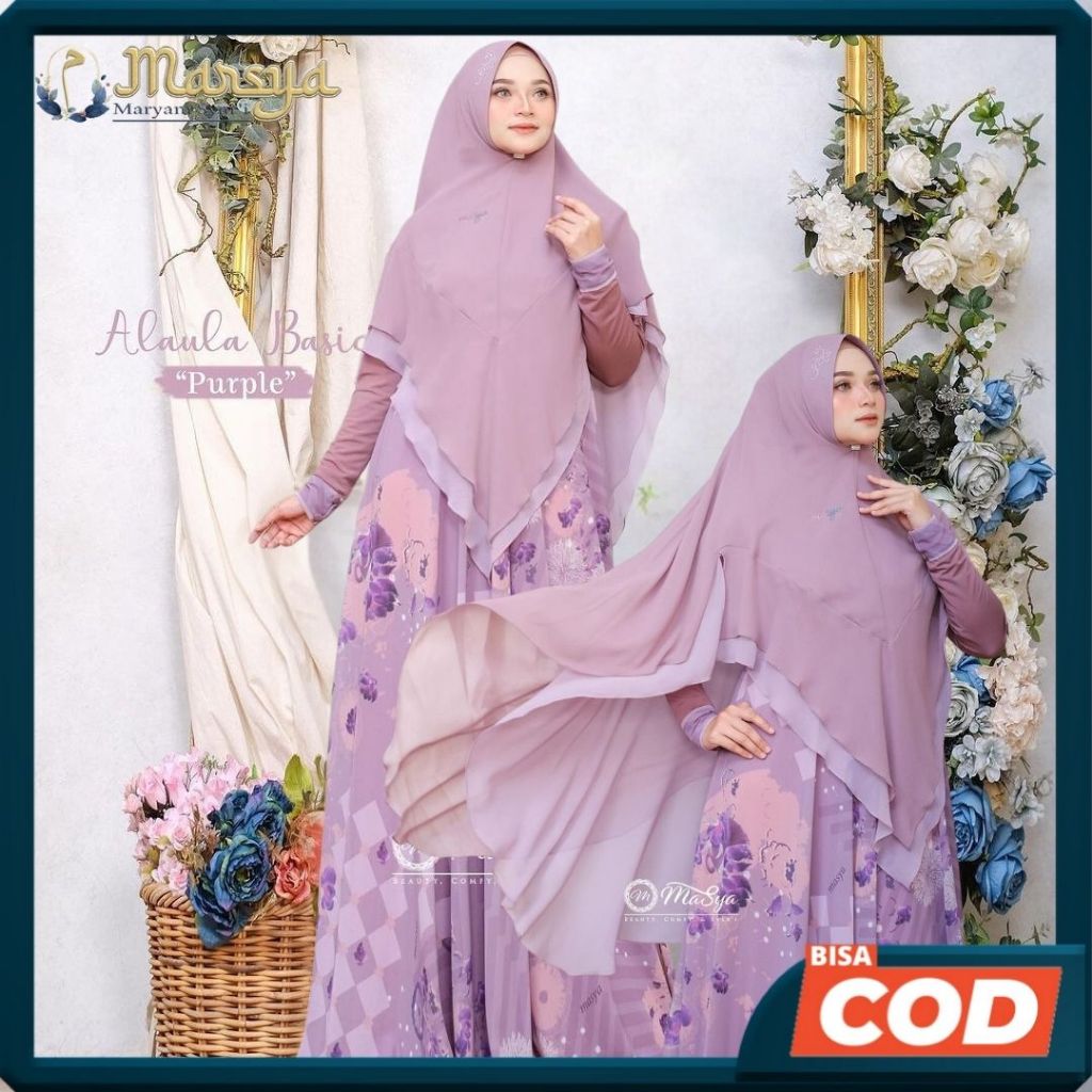 Set Gamis Dress Ceruty Babydoll Syari Branded Printing Purple Mewah Masya Syari Original Terbaru Ala