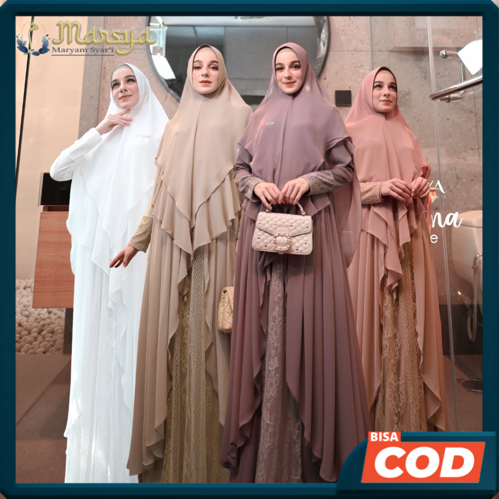 Set Gamis Dress Ceruty Babydoll Brukat Brokat Chantily Premium Syari Branded Khaki - Putih Tulang - 