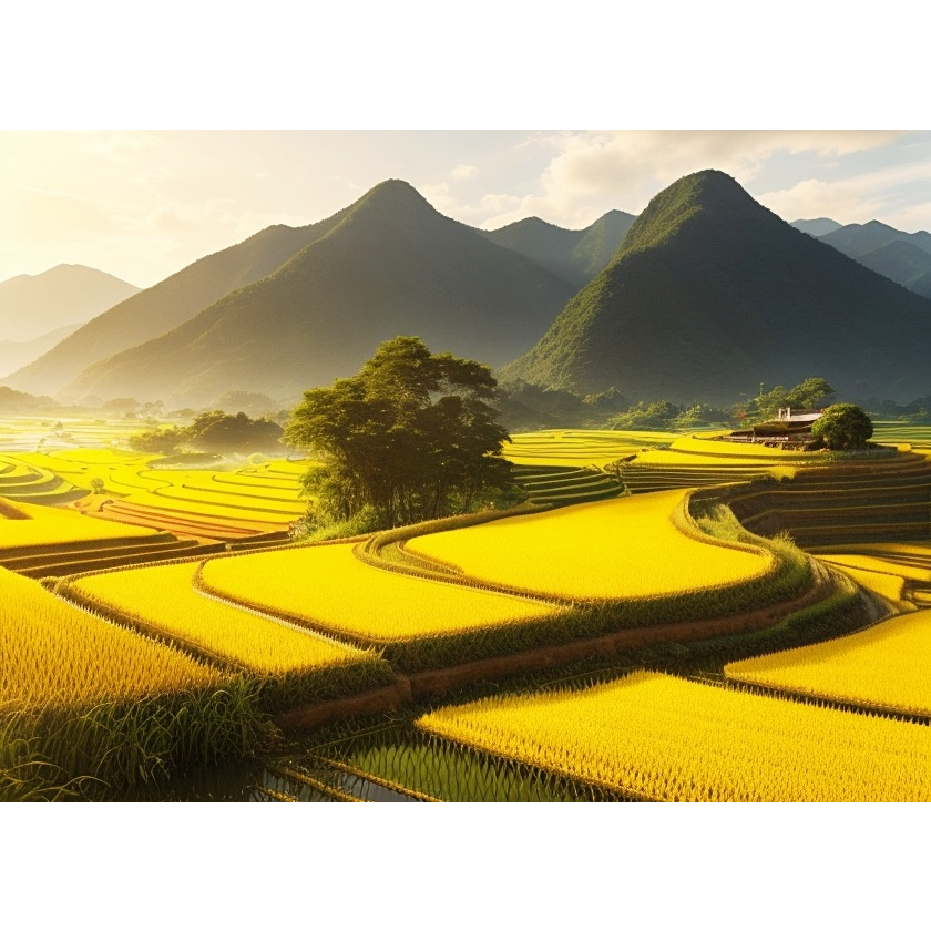 Lukisan Alam Pedesaan dengan Pemandangan Sawah dan Panen Padi Yang Indah (Ukuran 2x1 meter)