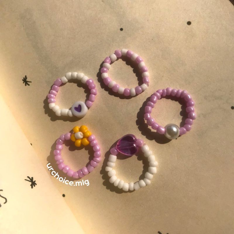 Cincin Manik Set Aesthetic Bead Rings Set 5pcs Lilac Series