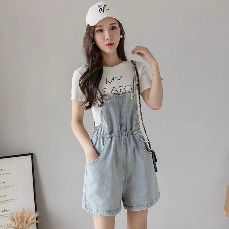 【wanita_id】Denim Brace Celana Pendek Jumpsuit Wanita Korea Style Celana Cute Celana Longgar Lebar Kaki