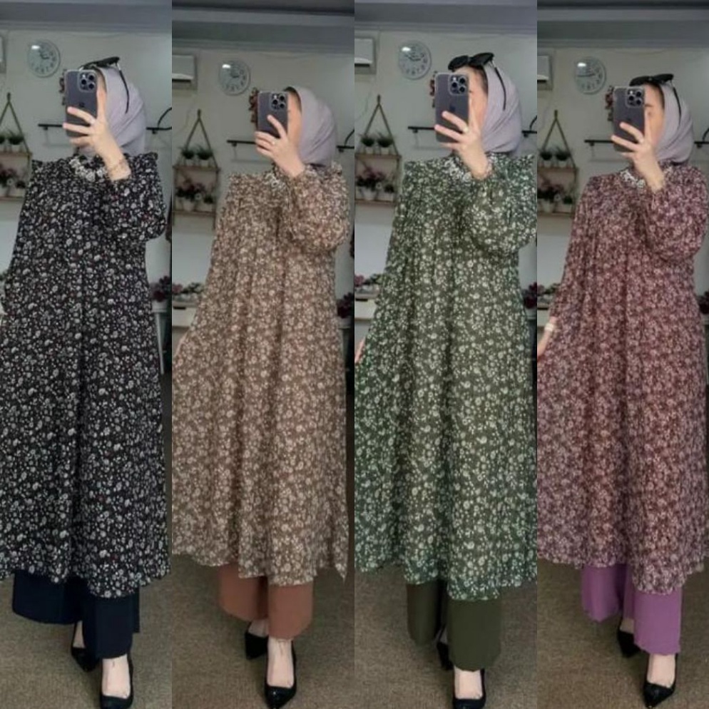HNMUB Amel - Setelan Long Tunik Wanita Nadira Flower Setelan Kulot Cringkle Wanita Oneset MIdi Tunik