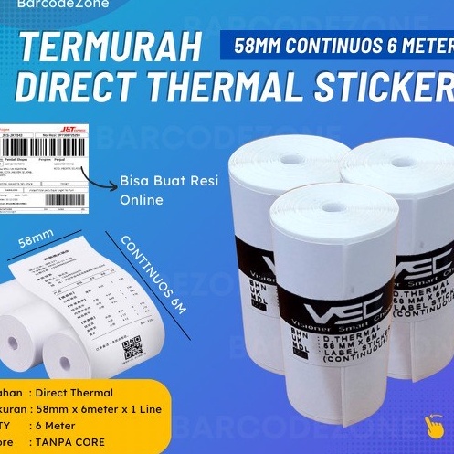 

LABEL DIRECT THERMAL STIKER 58MM X 5M - LABEL CONTINUOUS UNTUK CETAK ALAMAT - PRINTER POS THERMAL