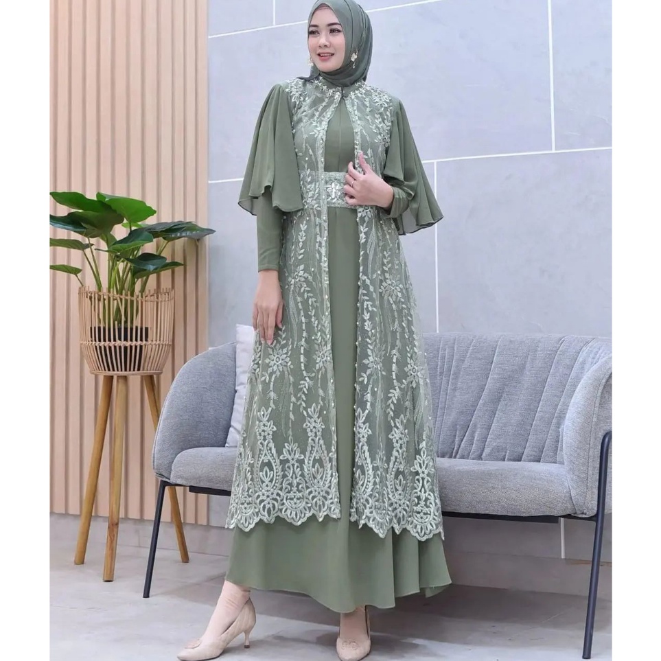 Grosiran Dress Outer Brukat Pesta Terbaru 2023 Green Sage Gamis Clarisa By Ghina Set Inner + Outer F