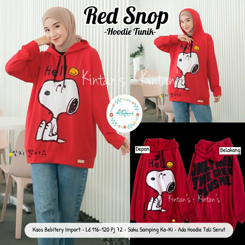 Red Snop Hoodie Tunik Kaos Bebitery Import Jumbo Fit XL XXL Ld110 Ld120 Bahan Melar Saku Samping Ka-