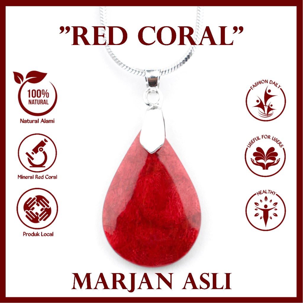 Kalung Liontin Wanita Batu Natural Red Coral Marjan Bandul Pendant