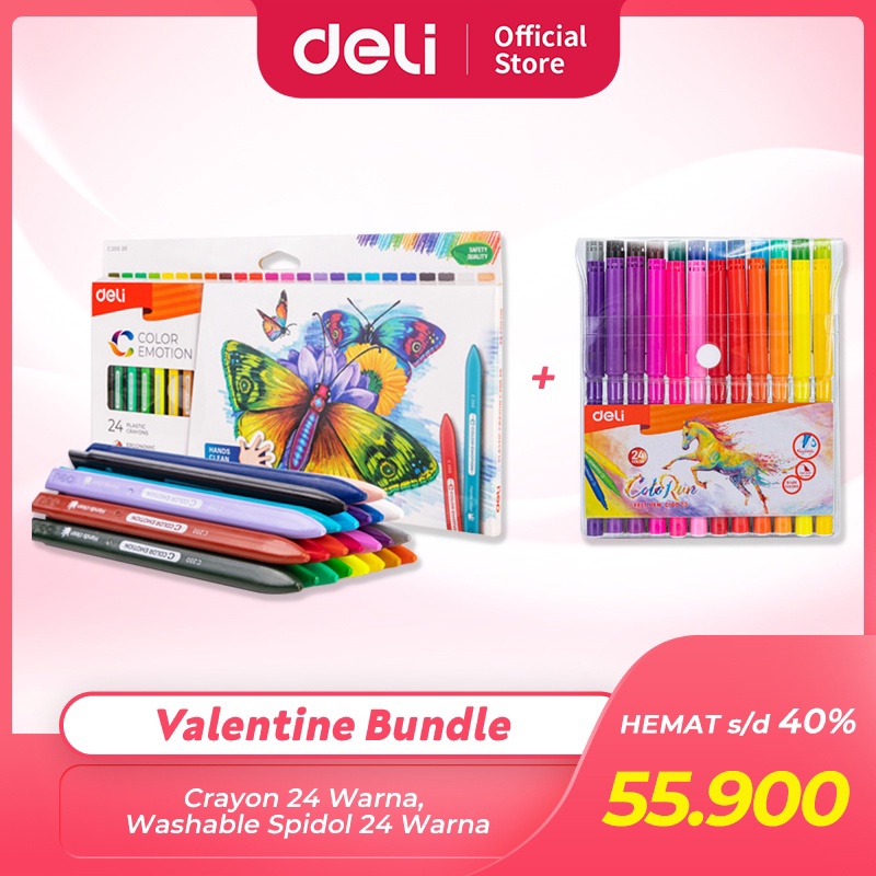 

Terbaru dan terlaris Deli Bundle Edisi Valentine / 1set Crayon 24 warna, 1set Spidol 24 Warna / VAL2022-10 !!!