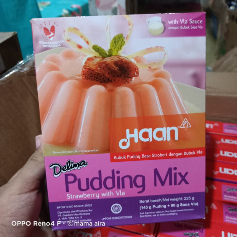 haan puding mix strowbery with vla puding han+vla 225g kemasan box