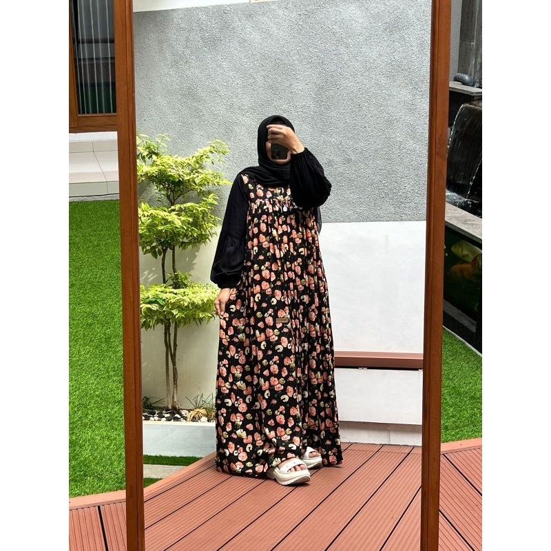 Gamis/Dress ori hitam motif bunga (NADHEEFA)