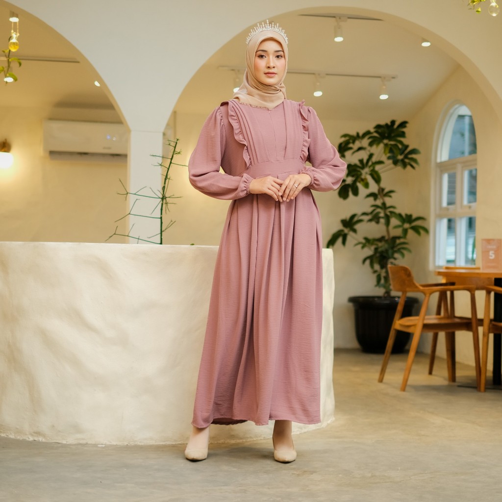 TAFANA - Dyna Dress Gamis Muslimah Kain Cringkle | Gamis Crinkle Polos Kekinian Lengan Tangan Panjan