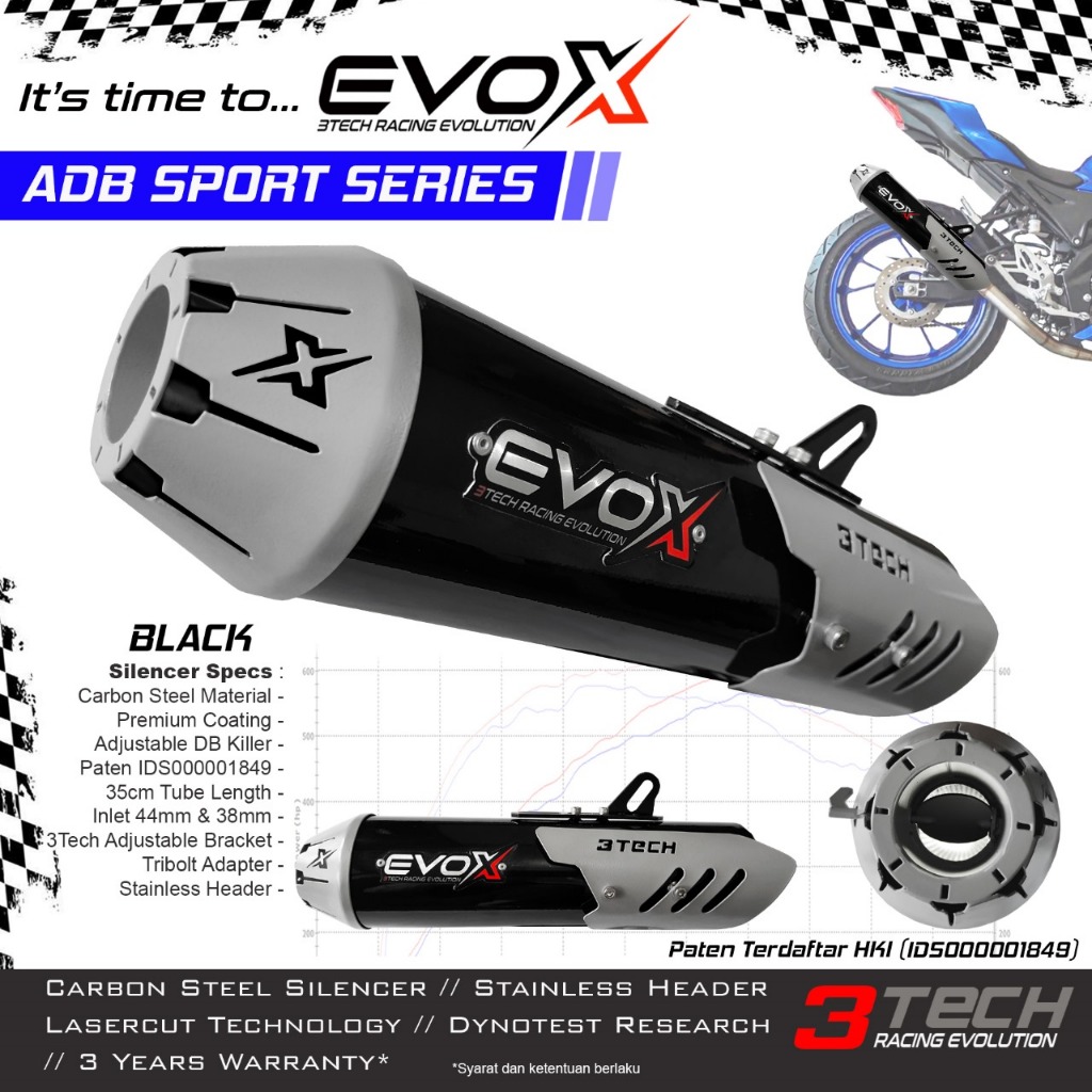 Knalpot Evox ADB Series Motor Sport & Moped  110cc sampai 175cc Full System Beragansi Resmi 3tech Ra
