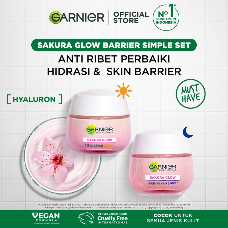 [50 ml] Garnier Sakura Glow Kit Day &amp; Night Cream - Moisturizer Skincare Krim Siang Malam (Light complete)
