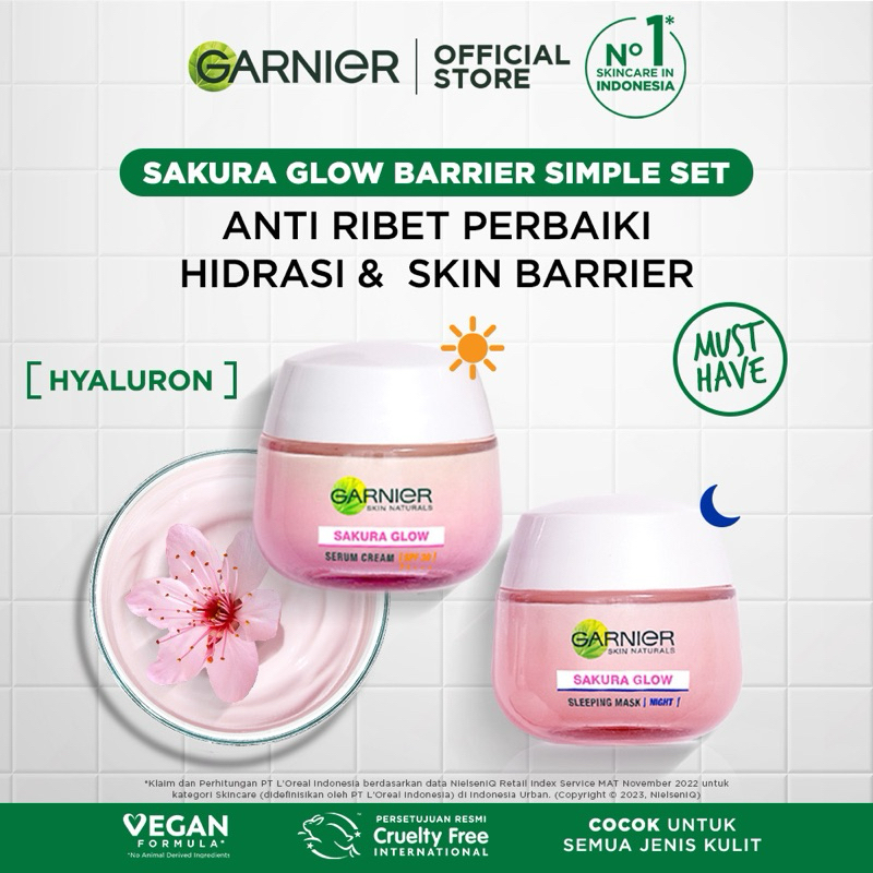 [50 ml] Garnier Sakura Glow Kit Day & Night Cream - Moisturizer Skincare Krim Siang Malam (Light com
