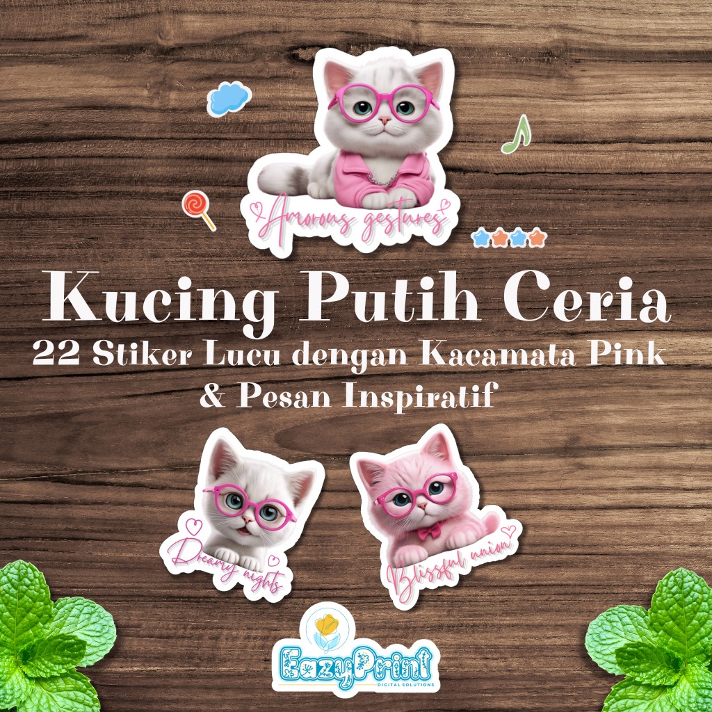 

25 item Stiker kucing bulu putih memakai kaca mata pink
