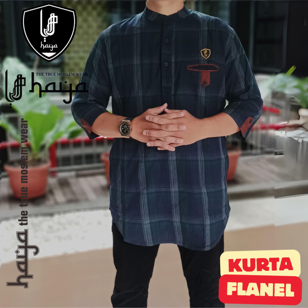 Baju Koko Kurta Flanel Haya Busana Muslim Pria Remaja Dewasa Motif Kotak-kotak Lengan Pendek 3/4 Qur