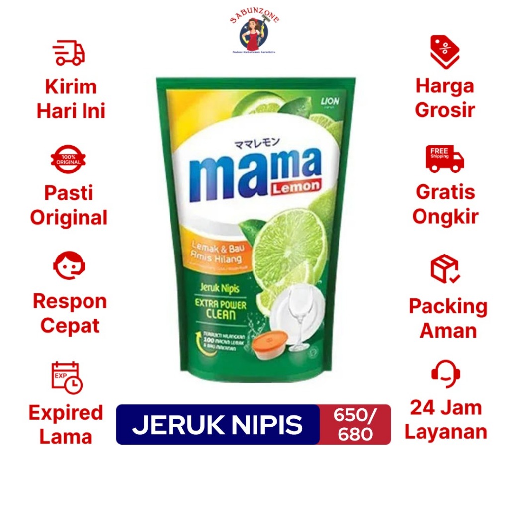 Sabun Cuci Piring Mama Lemon Jeruk Nipis / Mama Lime Charcoal / Mama Lime Green Tea / Mama Lime Anti Bacterial Lime + Mineral Salt Pouch Refill 650/700 ml