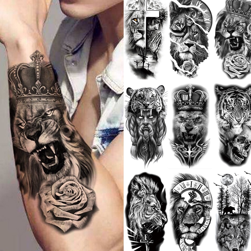 QE78 【BTI】Warna Sementara Tato Palsu Hewan Tahan Air Stiker Tato Hewan Bunga Wanita Tato Hitam 4692