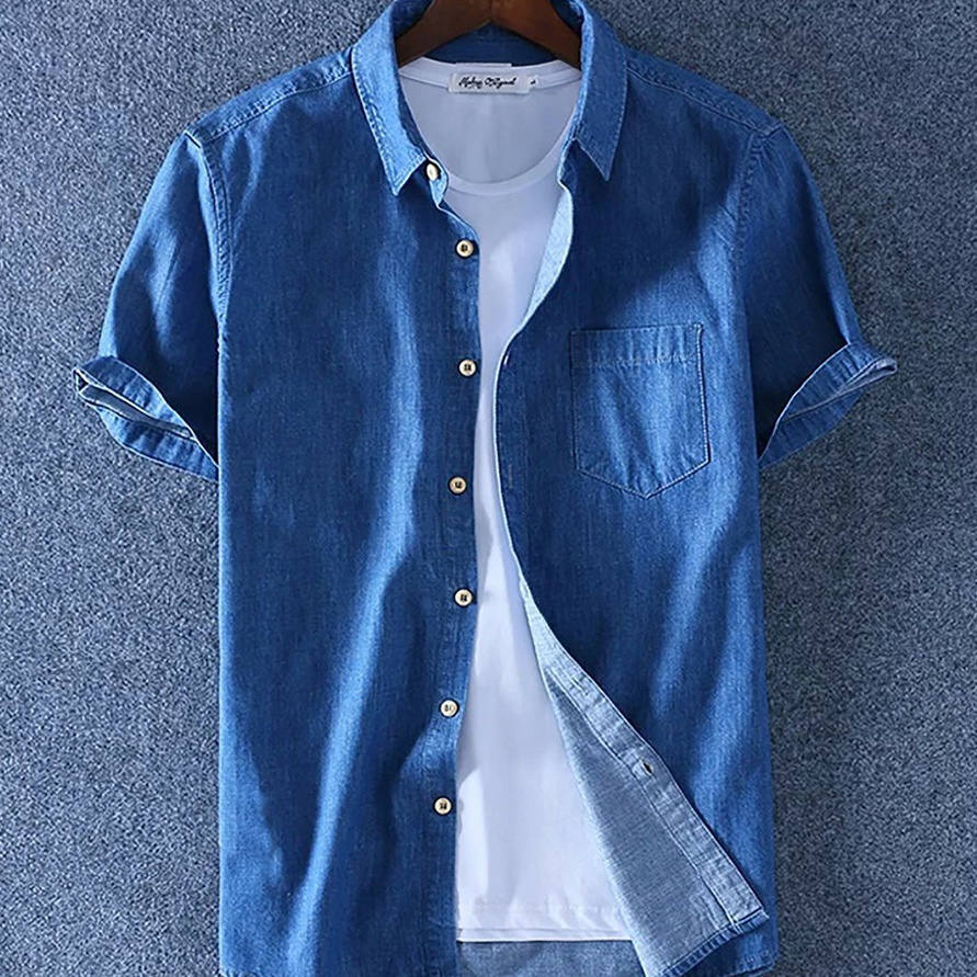 Terbaik.. Kemeja Jeans Polos Pria Lengan Pendek / Kemeja Polos / Bozz Jeans / Kemeja Levis Murah Pri