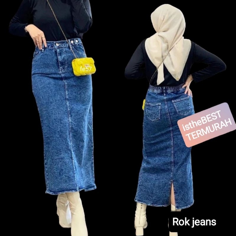 Rok jeans Skirt Theana Rok jeans highwaist panjang rok span kekinian