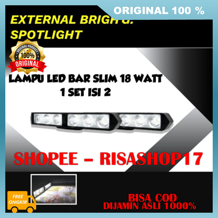Lampu LED Bar Slim 18 Watt Lampu Tembak Sorot Motor Mobil 6 Mata Isi 2 pcs 100% ASLI