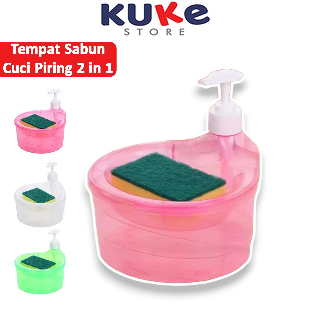 KUKE Tempat Sabun Bulat 1000ml + Spons / Soap Pump  MR.DIY / Dispenser Sabun Cuci Piring 2in1  VIRAL