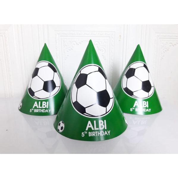 topi kerucut bola / topi ultah bola / topi kerucut custom  bola / topi ulang tahun soccer