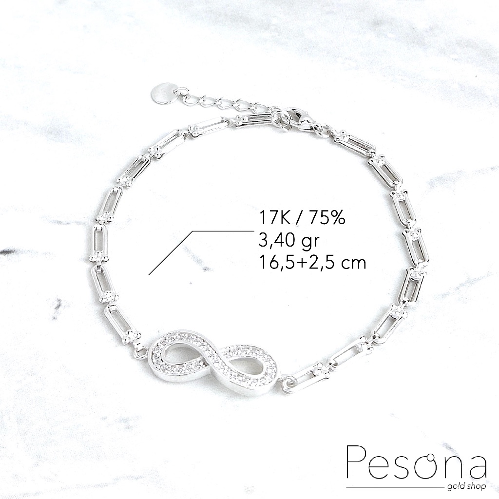 GELANG TANGAN EMAS PUTIH MODEL INFINITY 16,5+2,5 cm | 17K | 3,40 gram