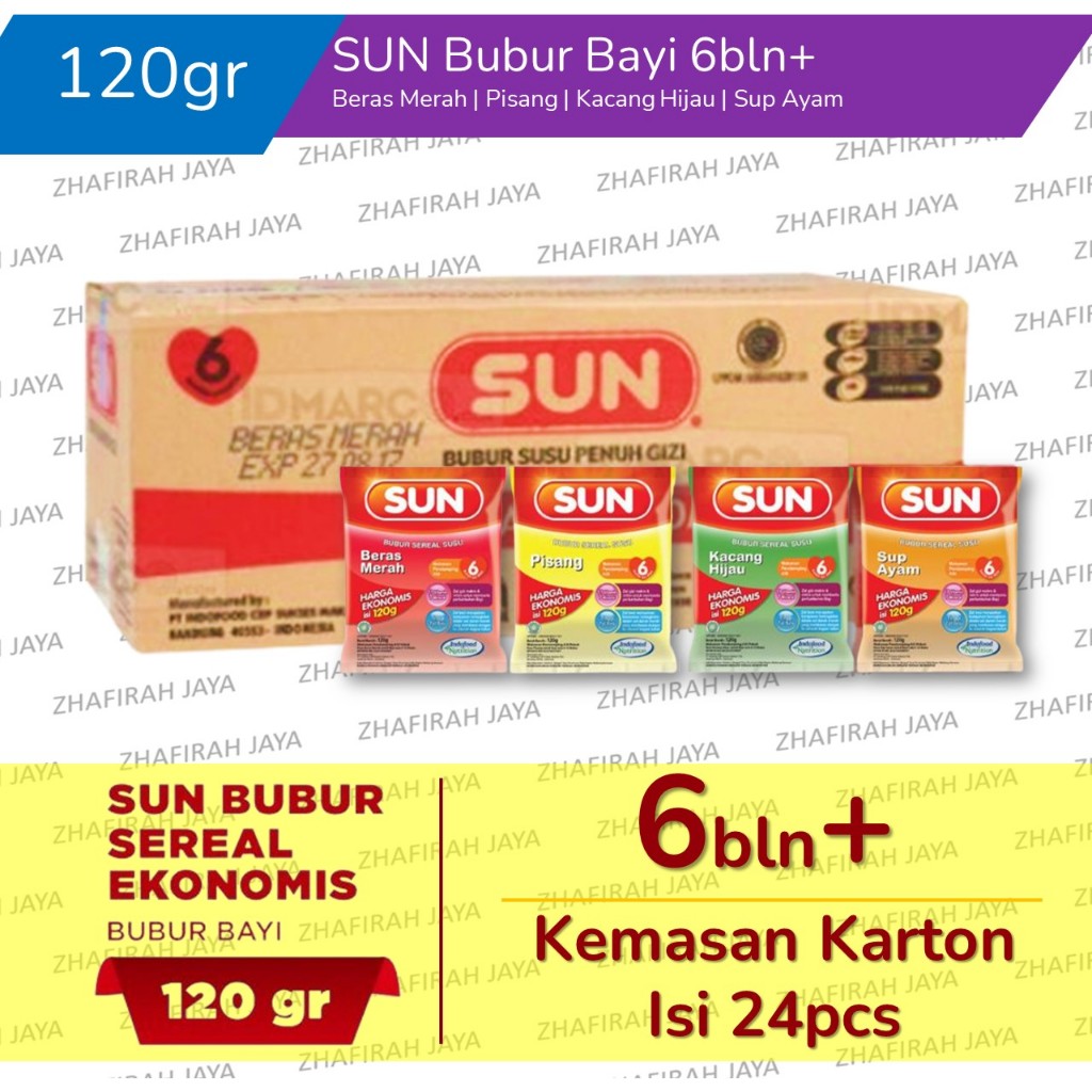 SUN Bubur Bayi 6 bulan Kemasan Ekonomis 120gr Rasa Beras Merah Kacang Hijau Pisang dan Sup Ayam