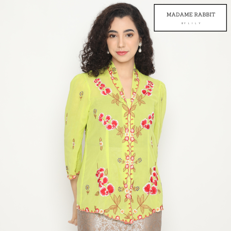 Kebaya Katun Madame Rabbit Bordir Orchid Manual Hijau Lime Adem Rapi