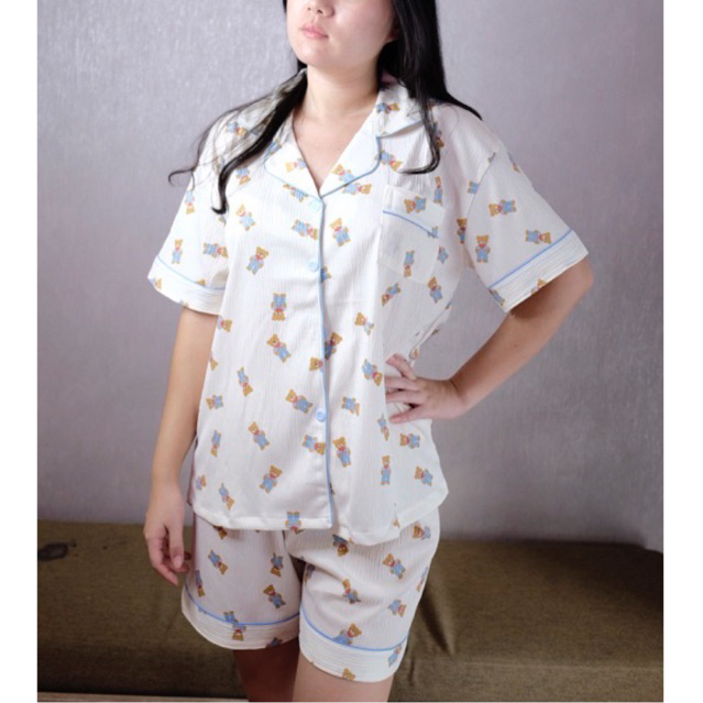 Blue Bear-Baju Tidur Wanita Piyama Cewek Set Kemeja Lengan Pendek Celana Pendek Style Korea Jumbo De