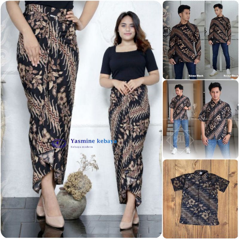 Couple Rok Plisket Dan Lilit Jumbo Set Kemeja Batik Pria / Baju Batik Couple Motif Krisan Hitam / Co