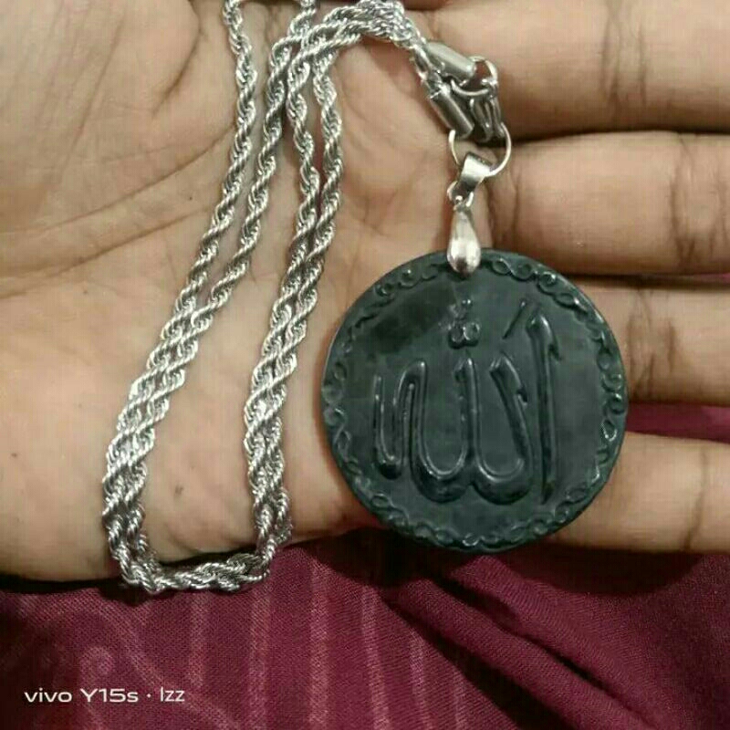 kalung aksesoris batu black jade ukir lafadz dan naga