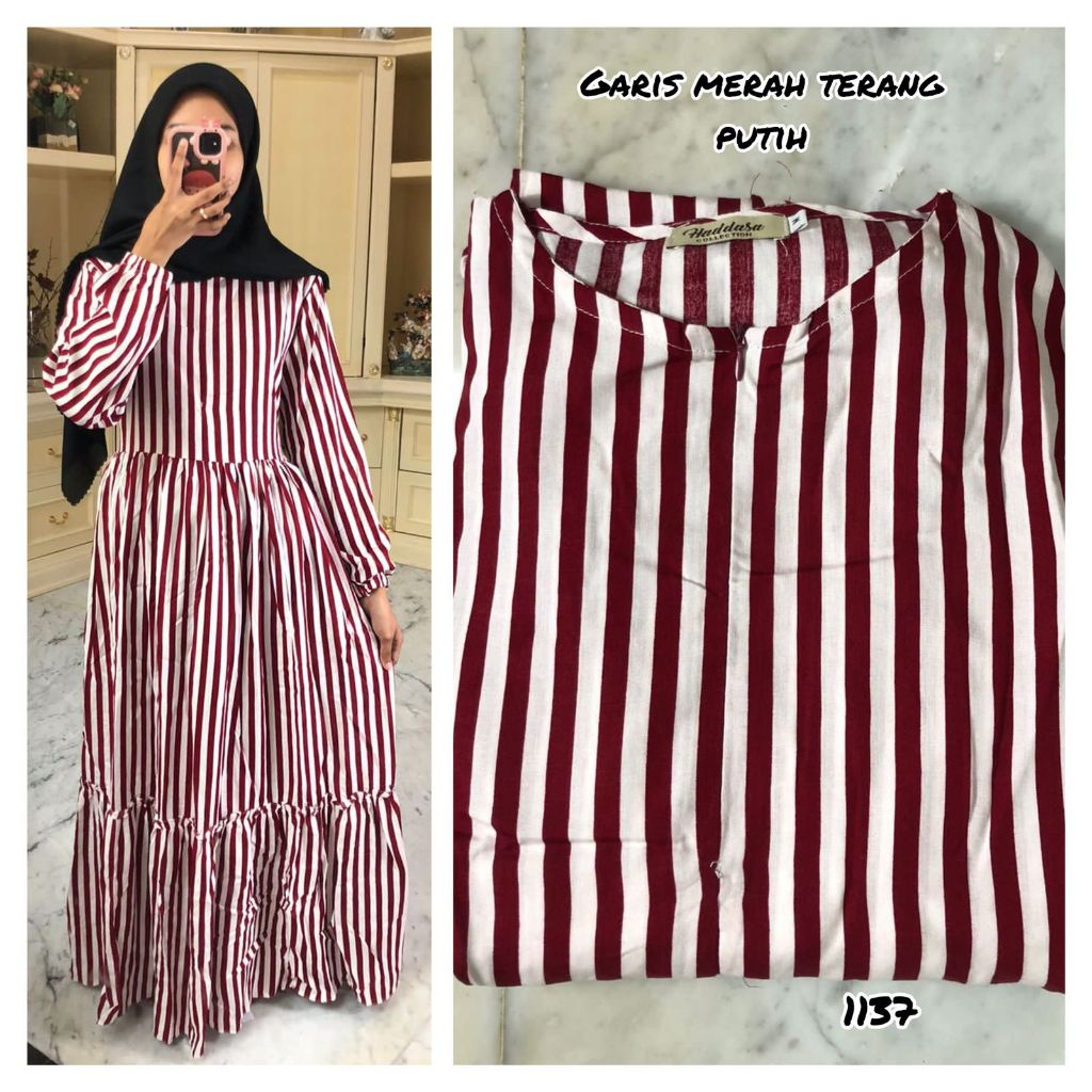 GAMIS RAYON MOTIF GARIS GARIS MERAH TERANG (PUTIH)