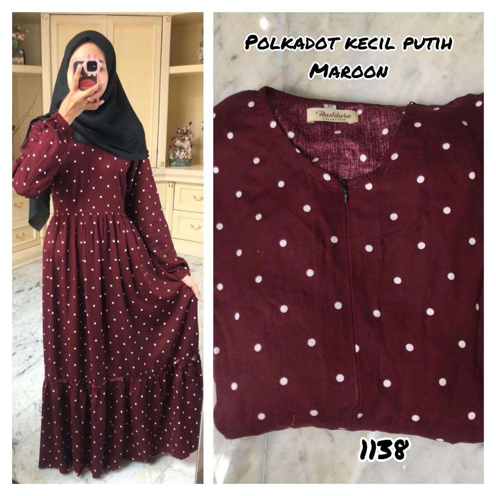 GAMIS RAYON MOTIF POLKADOT KECIL PUTIH (MAROON)