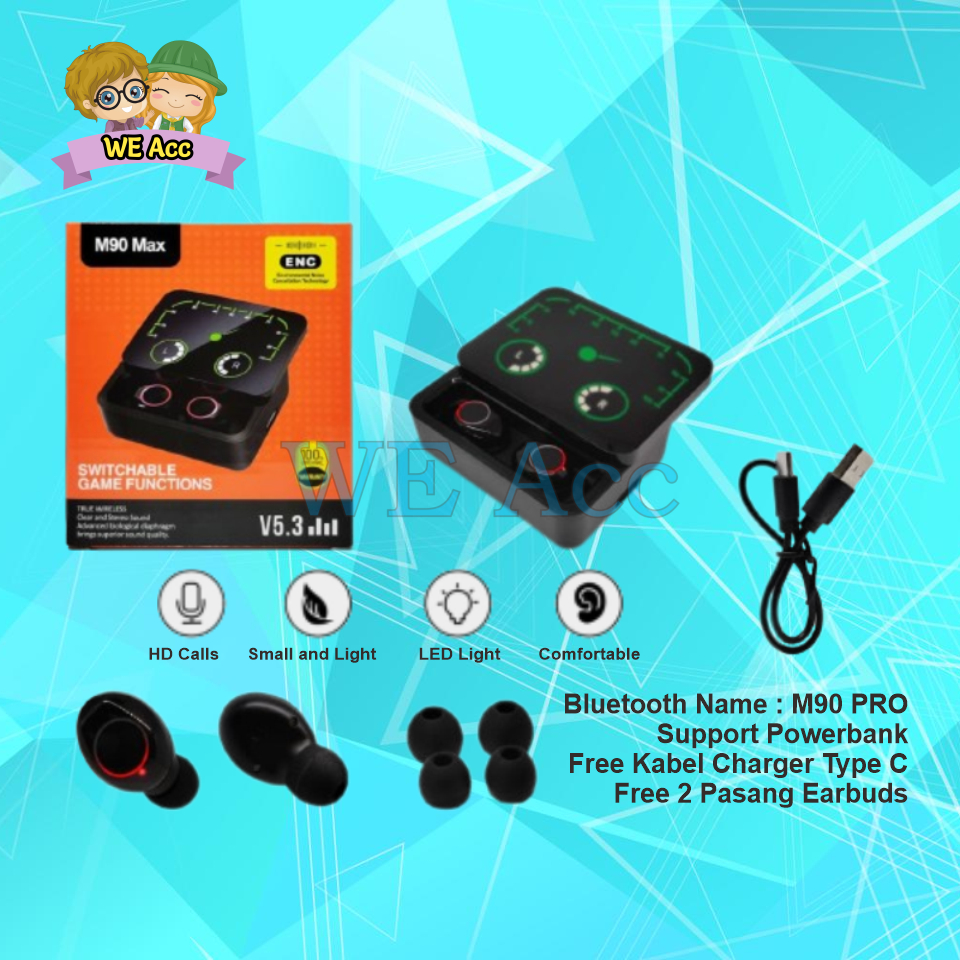 [WE-HB] Handsfree Bluetooth TWS M90 MAX PRO + Powerbank Power Bank Stereo Bass / Headset Earphone Wi