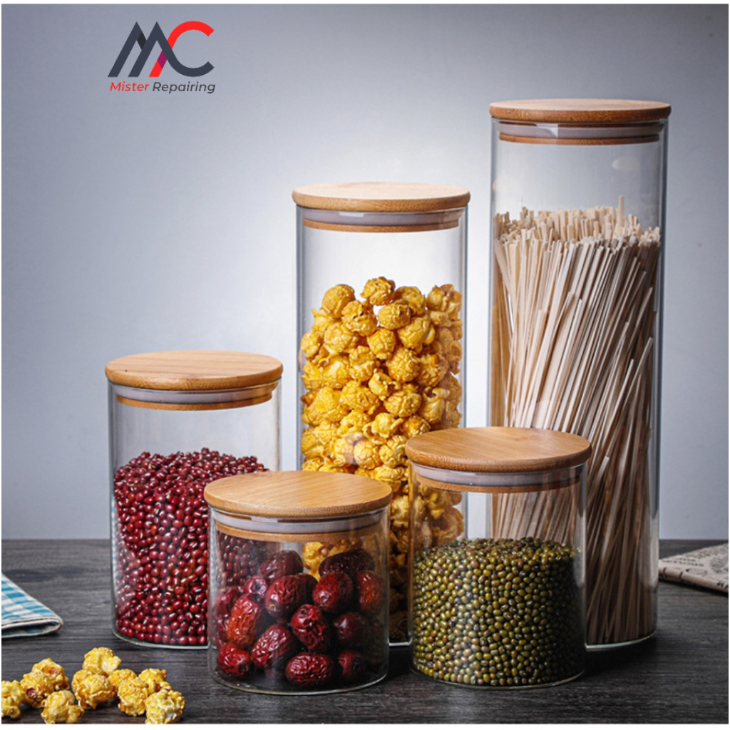 Toples Kaca Kedap Udara Dengan Penutup Kayu Toples Makanan Panjang