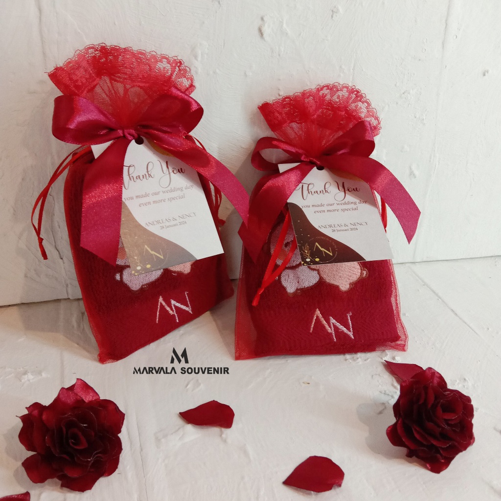 SOUVENIR PERNIKAHAN HANDUK BORDIR CUSTOM PACKAGING TILE