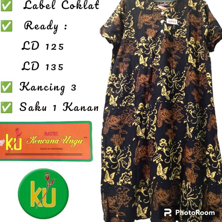 MODEL ZTA497 DASTER BATIK JUMBO KENCANA UNGU LENGAN PENDEK LABEL COKLAT ASLI ORIGINAL LD 125 BAHAN R