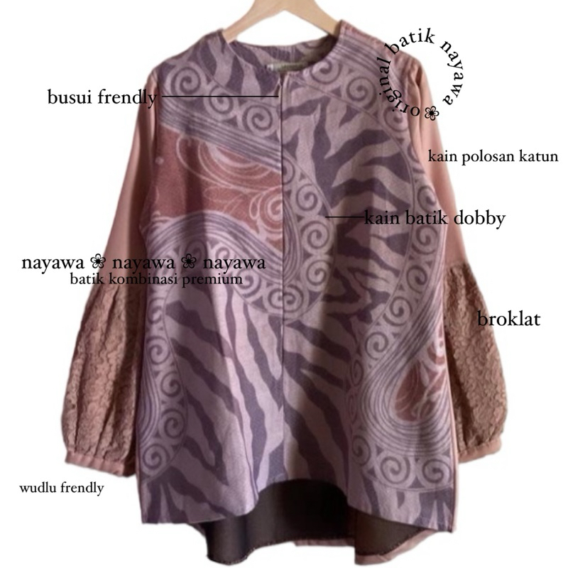 Batik Nayawa Brina Blouse Batik Modern Batik Kombinasi Kain polos dan Broklat Cantik