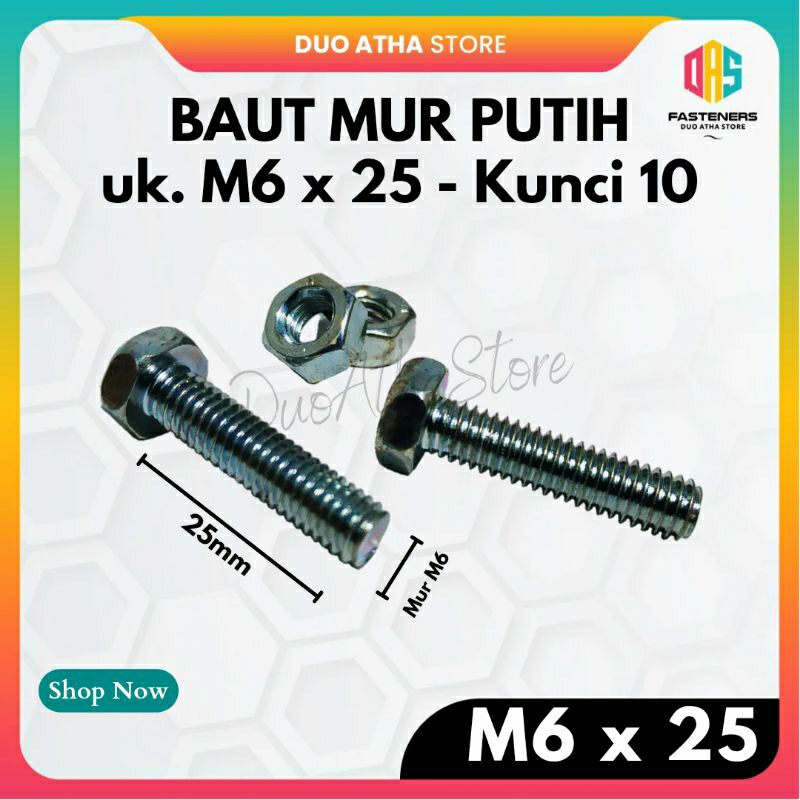 M6x25 Baut Mur M6 X 25 BMP Galvanis Putih Kunci 10