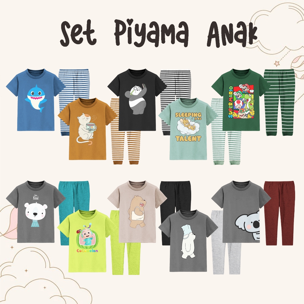 	 Kaos Setelan Piyama Anak Strip Salur Atasan Lengan Pendek Anak Laki Laki Perempuan Unisex 1 - 10 Tahun	