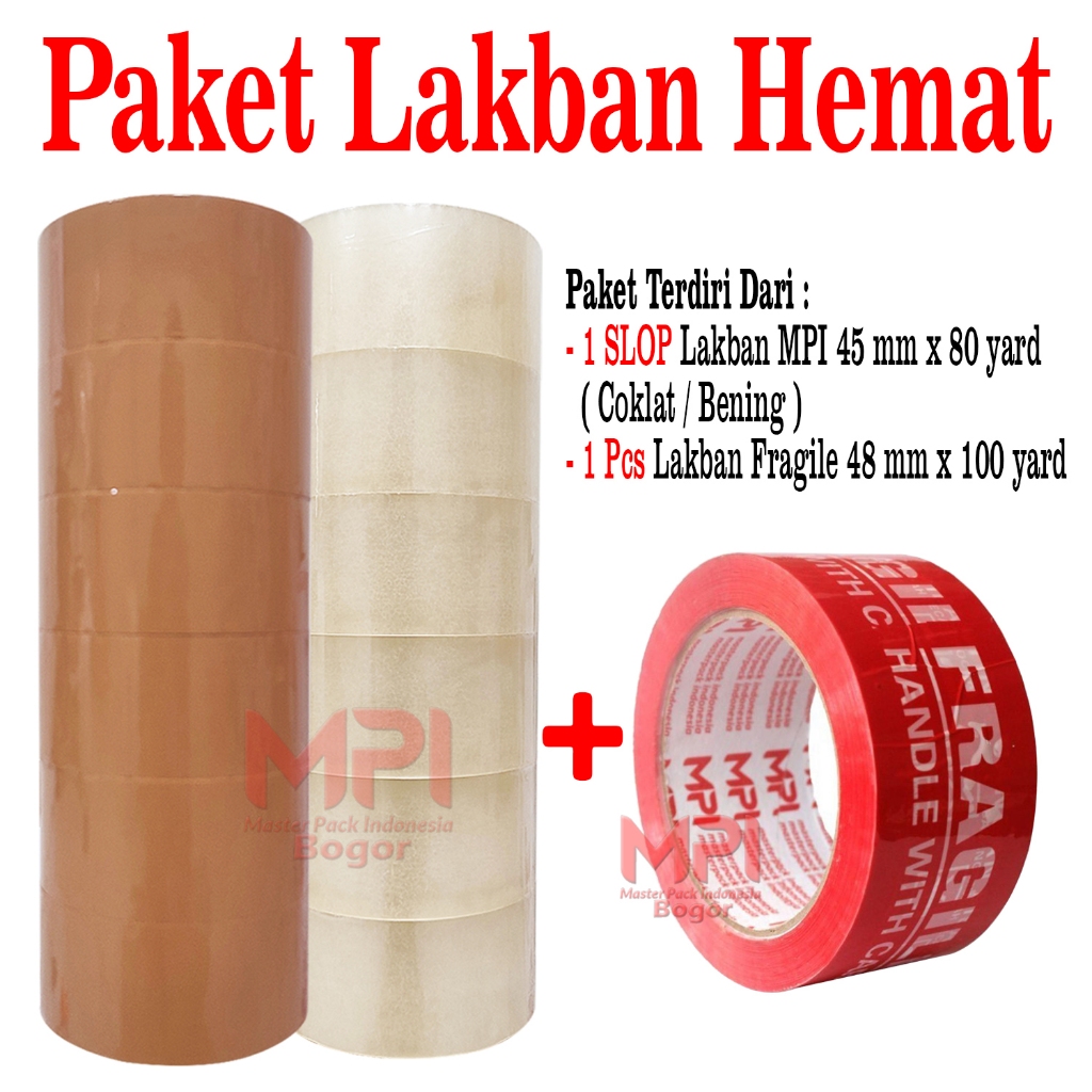 

PAKET LAKBAN HEMAT - 1 SLOP Lakban Coklat - Lakban Bening MPI 45 mm x 80 yard + 1 Pcs Lakban Fargile 48 mm x 100 yard - Master Pack Indonesia Bogor