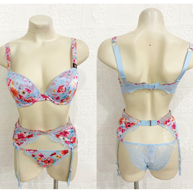 Victoria Secret Very Sexy Satin Shine Strap Bra Size 34B Panties S Garter XS 11200686