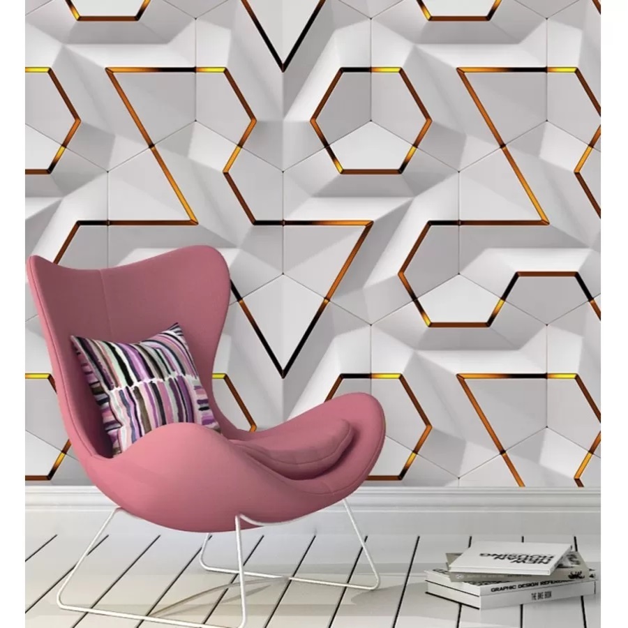 WALLPAPER / STICKER DINDING GEOMETRIC 3D PUTIH LIST ABU