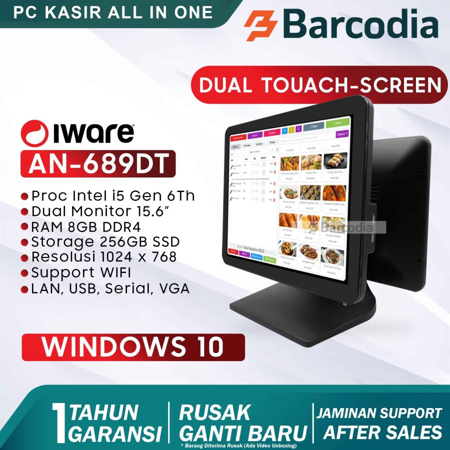 BARCODIA Mesin Kasir IWARE AN-689DT PC All In One Desktop Core i5 Dual Monitor Touchscreen