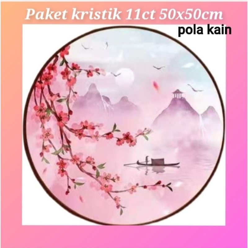 paket kristik sakura kastil putri gunung danau pemandangan oriental pola kain cross stitch 11ct embr