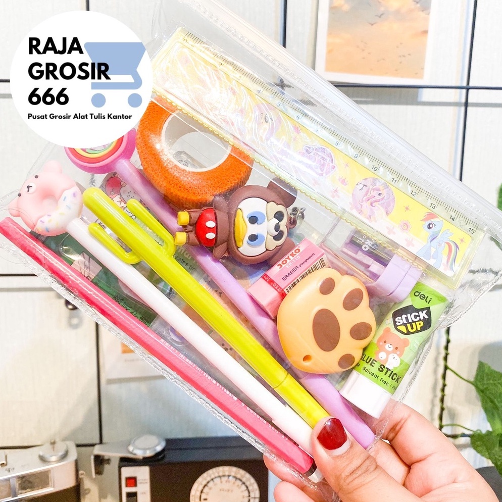 

el Keren.. Pouch Set alat tulis sticker pensil gantungan kunci pulpen pena pensil penggaris sekolah sticky notes penjepit sticker cutter mini finger protector 81